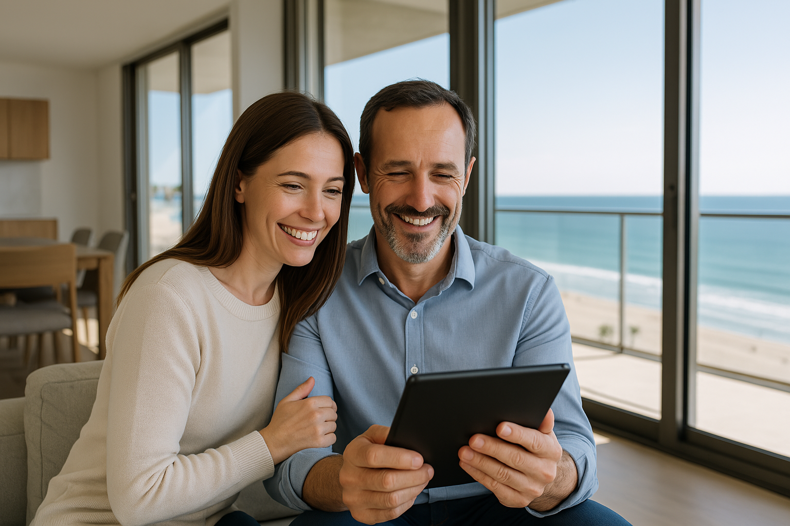 Dos personas sonrientes revisando en una tablet la gestión de su apartamento turístico con Amanirent, empresa especializada en gestión vacacional profesional.