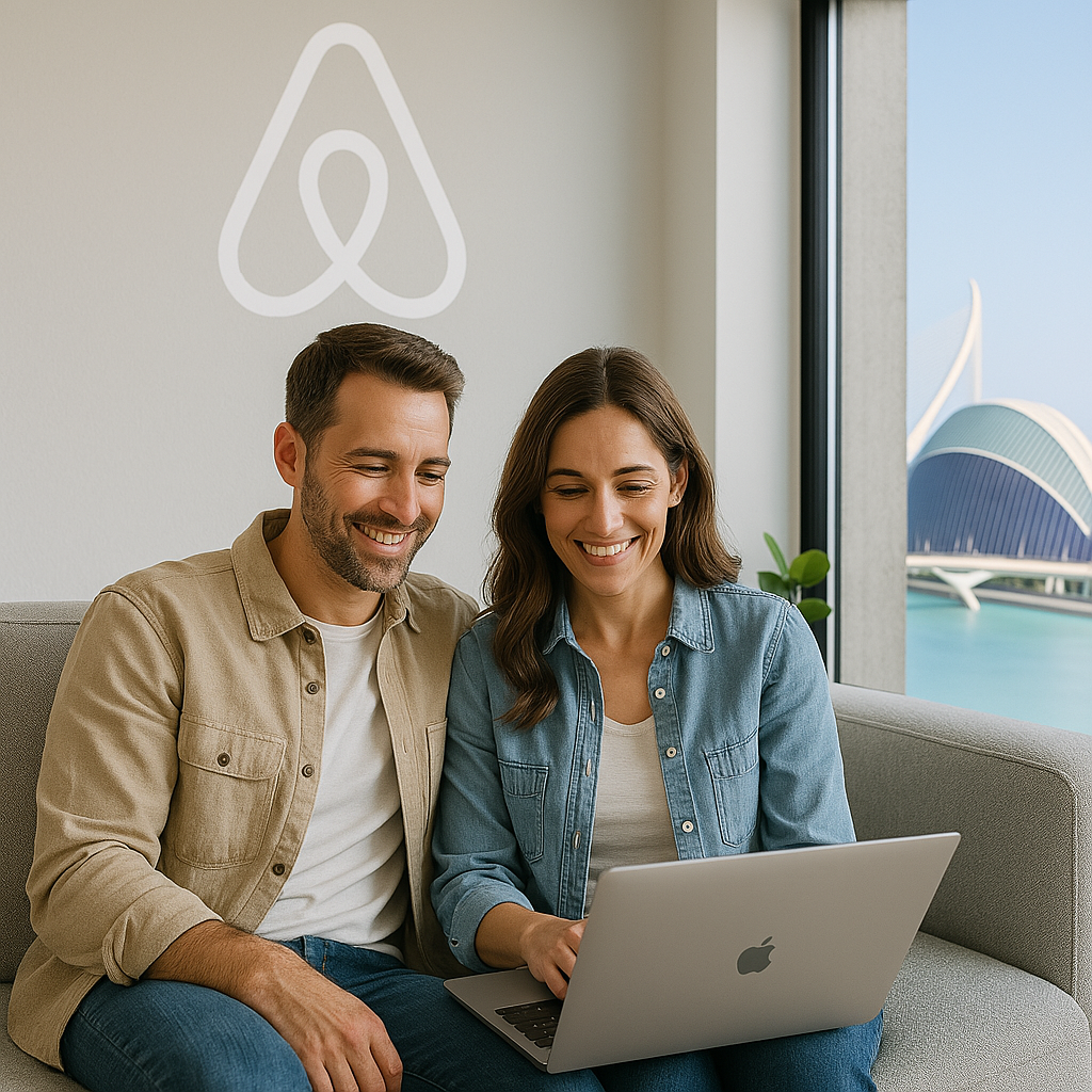 Una pareja sonriente buscando a Amanirent su empresa de gestión airbnb