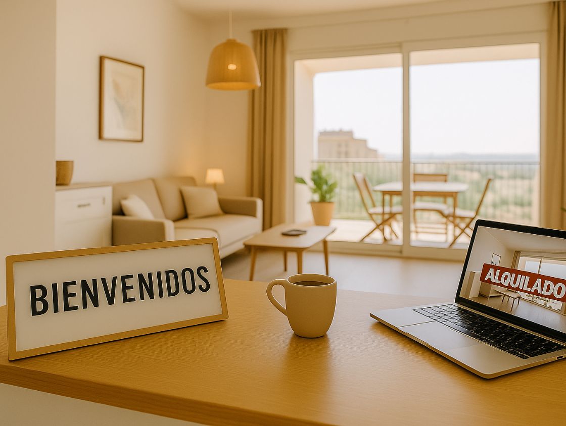 Apartamento turístico en Valencia con cartel de “Bienvenidos”, portátil y café sobre la mesa, reflejando gestión vacacional profesional.
