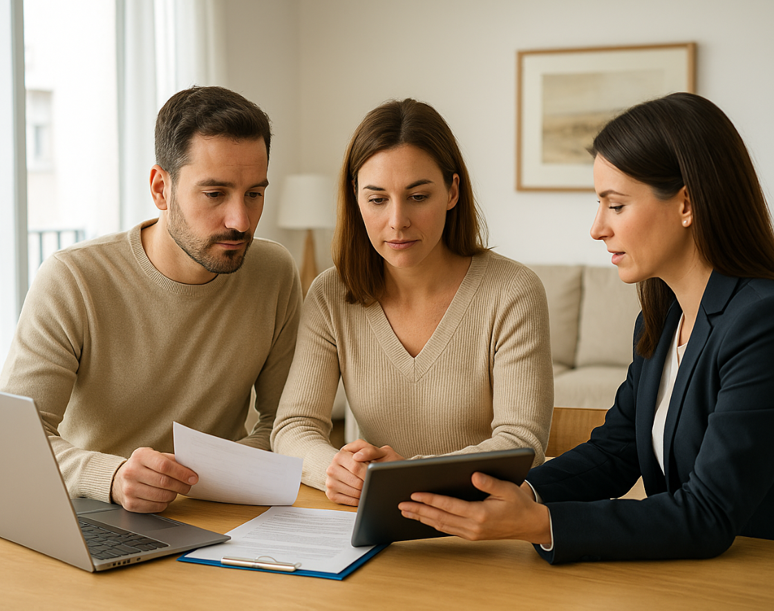 Pareja registrando su vivienda turística online con ayuda profesional, cumpliendo con la nueva normativa estatal de alquiler vacacional en España.
