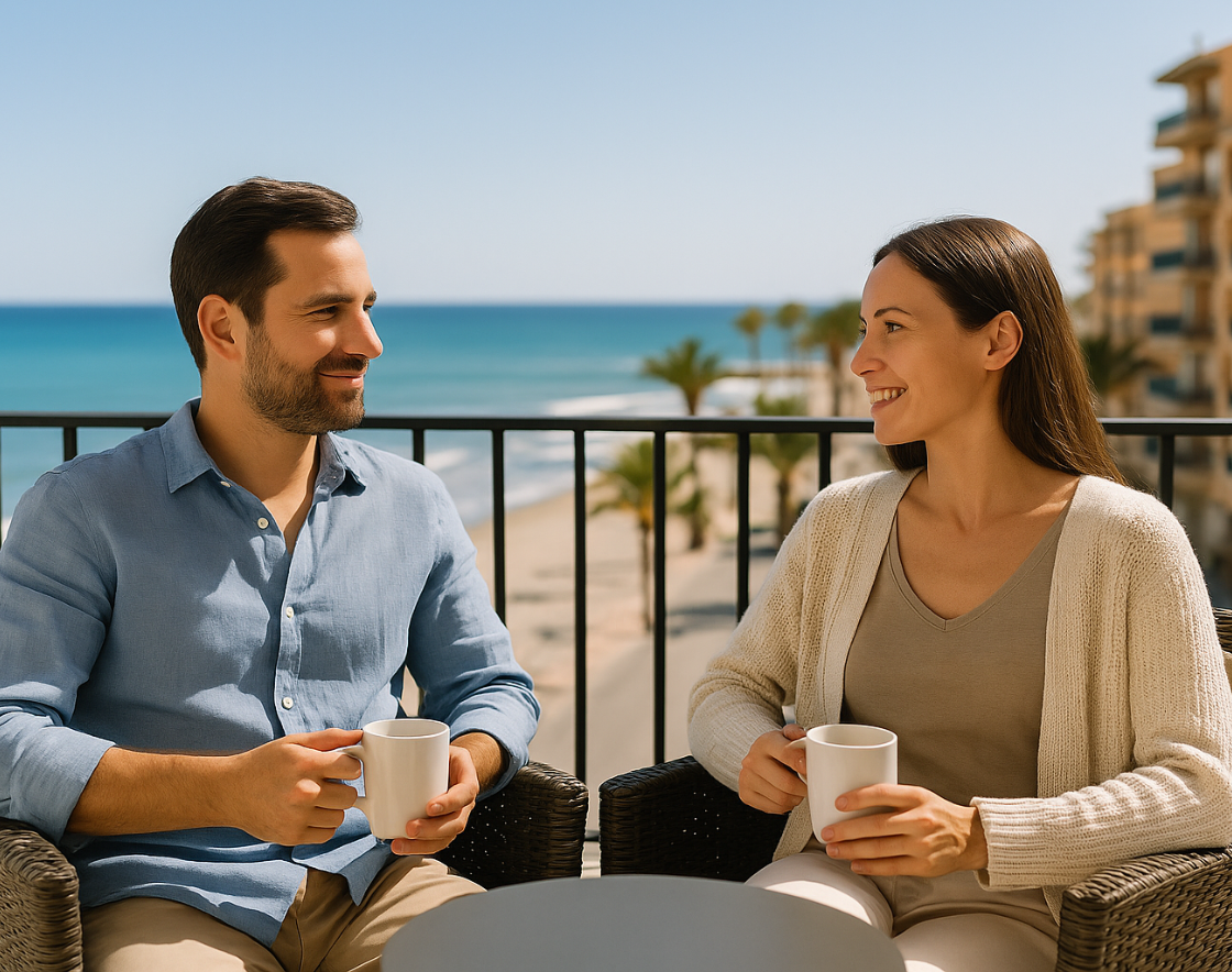 Propietarios relajados en la terraza de un apartamento turístico en Castellón frente al mar Mediterráneo, disfrutando de la confianza que ofrece Amanirent en la gestión profesional