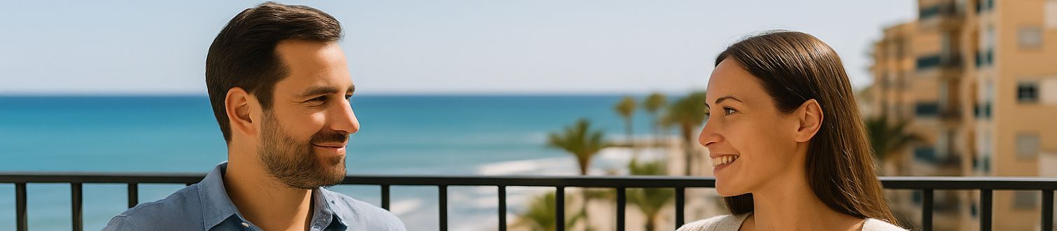 Gestion-alquiler-vacacional-castellon-amanirent Pareja disfrutando en la terraza de un apartamento turístico en Castellón con vistas al mar, ejemplo de gestión de alquiler vacacional profesional con Amanirent