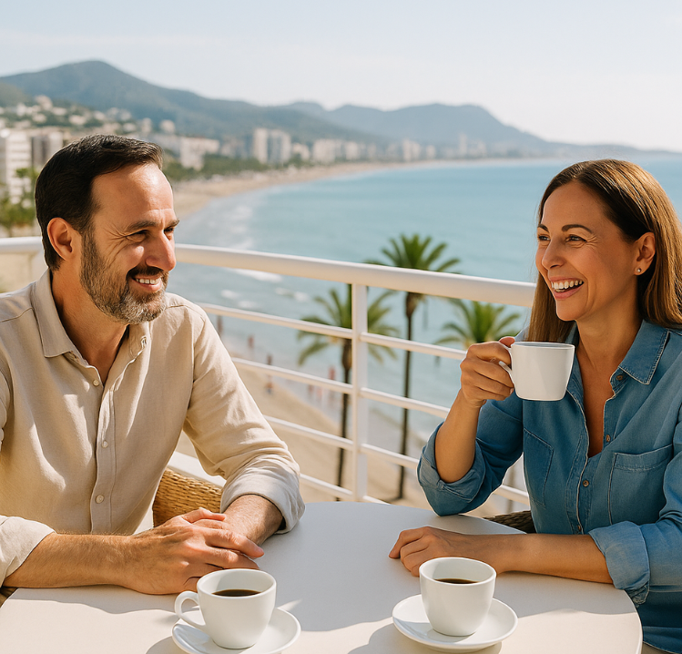 Pareja relajada tomando café en la terraza de un apartamento turístico en Benicàssim con vistas al mar, símbolo de la gestión de alquiler vacacional profesional con Amanirent