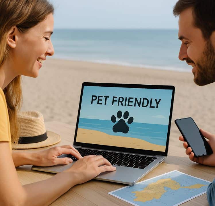 Pareja buscando alojamientos pet friendly para sus vacaciones en un entorno costero.