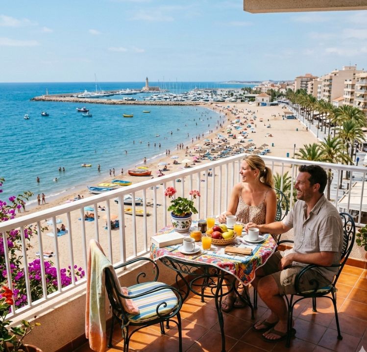 Pareja desayunando en la terraza de un apartamento vacacional con vistas al mar, playa y puerto de Burriana, Castellón