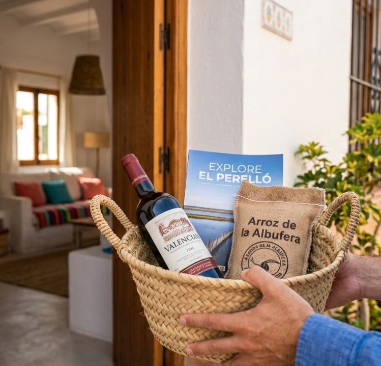 cesta-bienvenida-alquiler-vacacional-el-perello-arroz-albufera-vino-valenciano