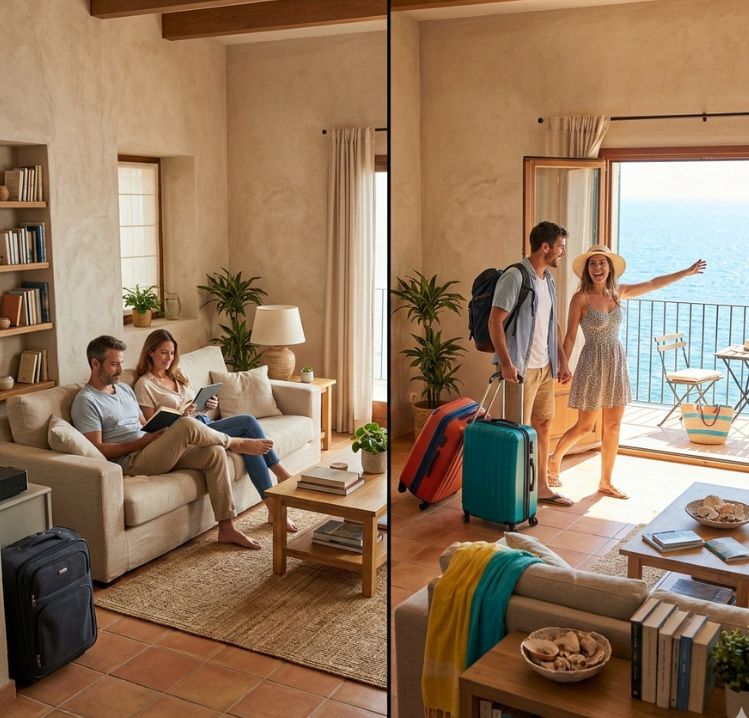 Imagen de una pareja en un alquiler vacacional y en un alquiler tradicional