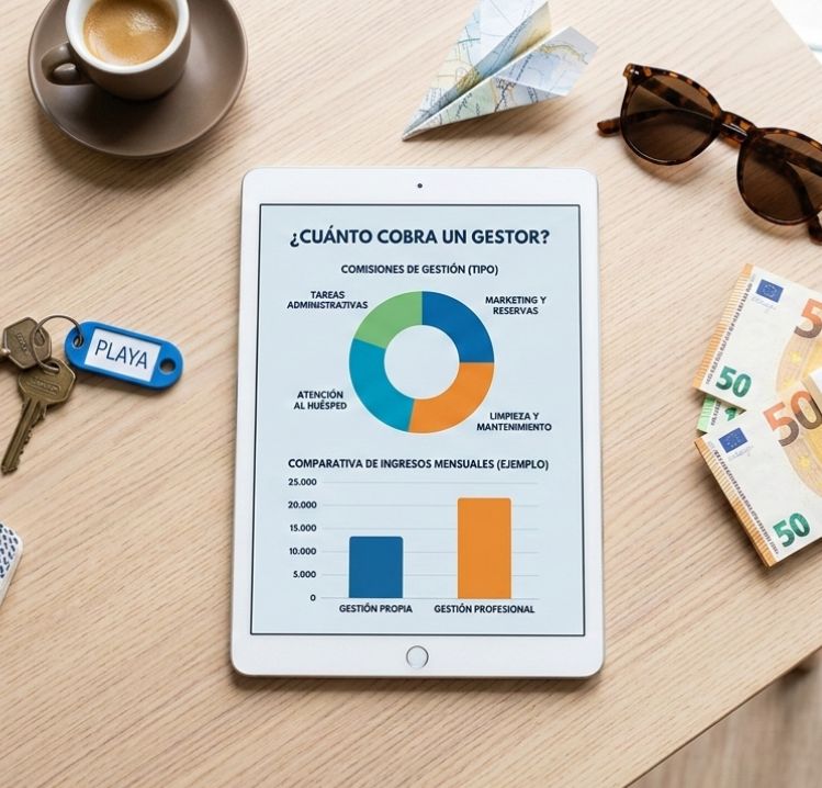 Infografía de cobros de un gestor de alquiler vacacional con desglose de servicios y comparativa de ingresos.