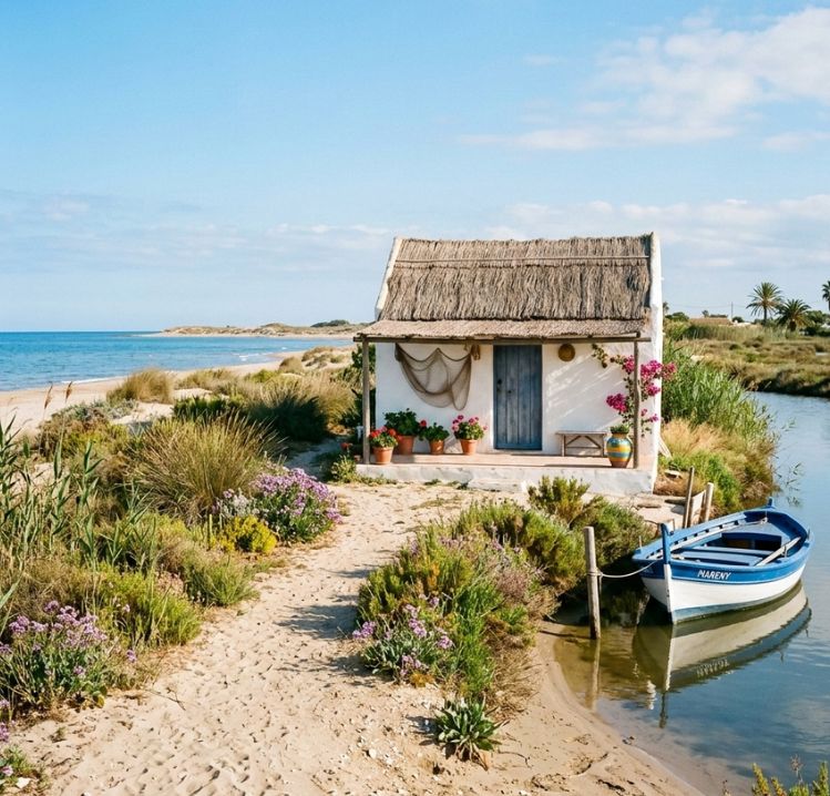 Exterior de una casa tradicional tipo barraca valenciana en Mareny de Barraquetes, junto a un canal de la Albufera y la playa, con una barca de madera y flores mediterráneas.