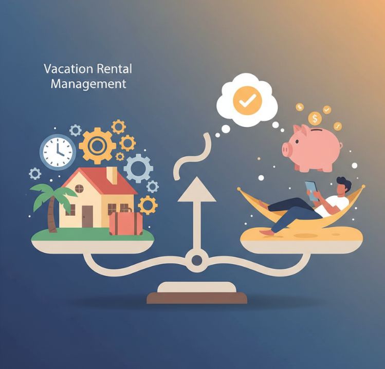 Ilustración conceptual de una balanza comparando el trabajo de gestión de una vivienda turística frente al beneficio de delegar el servicio para obtener tiempo libre y rentabilidad