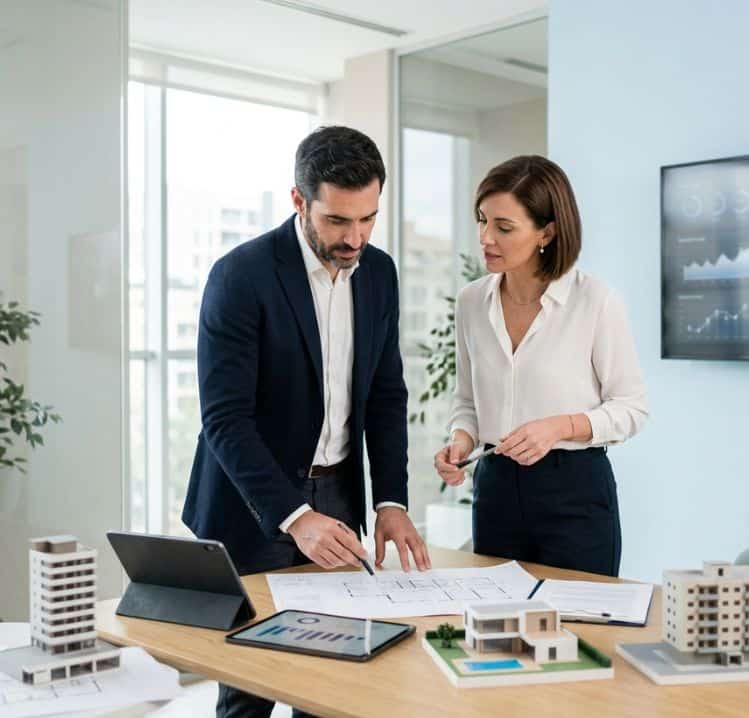 Pareja de inversores inmobiliarios analizando oportunidades de alquiler vacacional en España. Revisan planos y maquetas de un edificio, una villa y un piso en una oficina moderna y profesional con estética minimalista y tonos corporativos azules. Imagen que representa la toma de decisiones estratégica y el análisis de mercado para inversores.