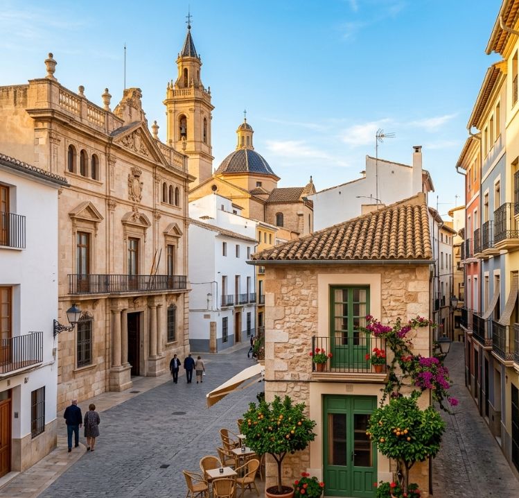 Vista a pie de calle de un edificio histórico restaurado en el centro de Alzira, Valencia, con fachada de piedra, balcones y macetas con flores, ideal para un alquiler vacacional con encanto managed by Amanirent