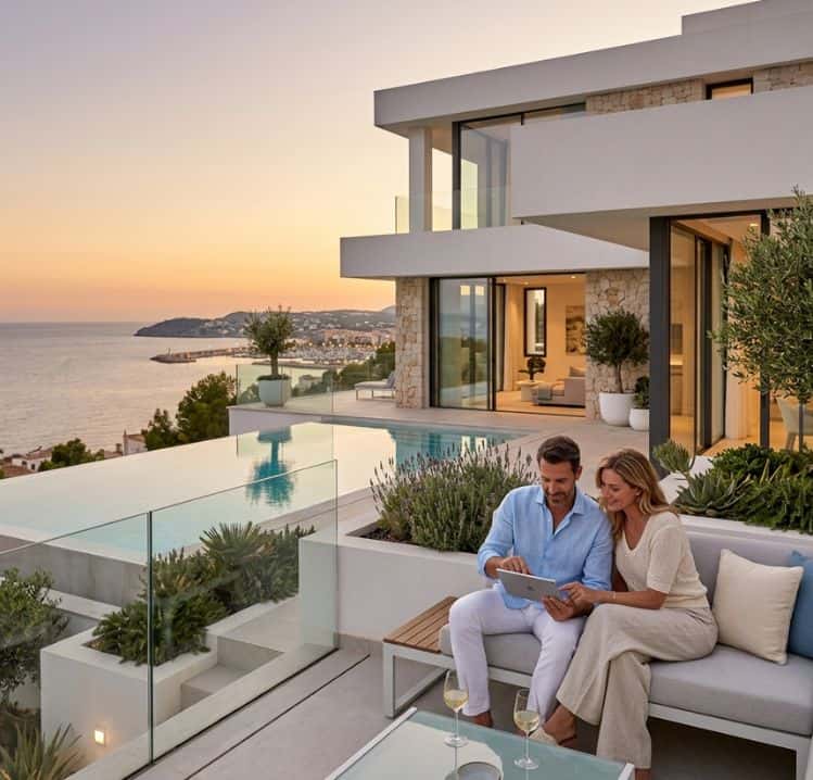 Imagen representativa generada por IA de Moraira dos personas sentados en una terraza disfrutando de su apartamento vacacional gestionado por Amanirent