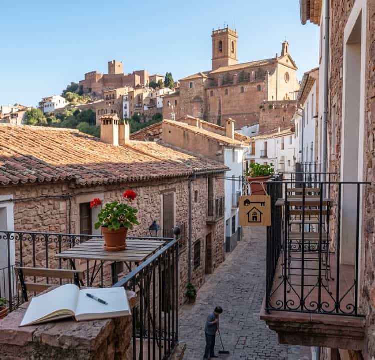 Vista desde un balcón de piedra en Vilafamés con el castillo al fondo, ideal para promocionar la gestión de alquiler vacacional y apartamentos turísticos en el pueblo.