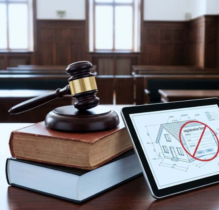 Mazo judicial sobre libros de derecho junto a una tableta digital que muestra el plano de una casa con un símbolo rojo de prohibido sobre un formulario de registro, ambientado en un tribunal vacío.